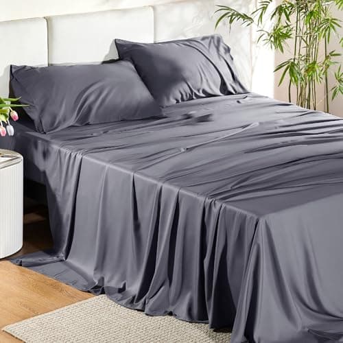 Bedsure Queen Sheet Set, Cooling Sheets for Queen Size Bed Set, Rayon Derived from Bamboo, Breathable & Soft Deep Pocket Up to 16 Inches, Hotel Luxury Silky Bedding, Bedsheet & Pillowcases, Dark Grey image