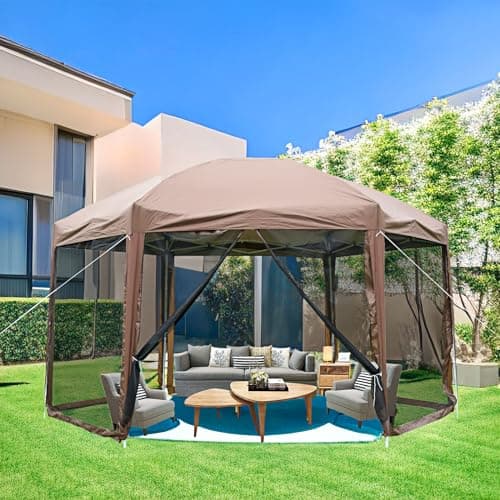 13x13ft Pop Up Gazebo Hexagon Outdoor Tent, Instant Setup Screen House Height Adjustable, Patio Screened Canopy with Mosquito Net & Carry Bag, Event Tent for Backyard, Porch, Party, Camping(Brown) image