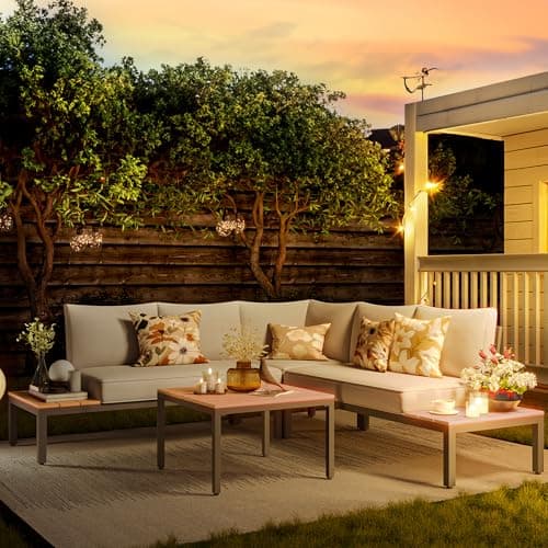 NATURAL EXPRESSIONS Patio Furniture Sets, L Shape Patio Sectional Metal Outdoor Sectional Corner Sofa Outdoor Couch with Detachable Backrest,3 Fauxwood Tables,5” Grey Olefin Cushions image