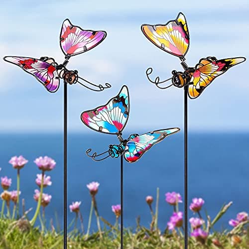 Juegoal Set of 3 Butterfly Garden Stake Decor, 20 Inch Colorful Butterflies Stakes, Glass & Metal Yard Art Ornaments for Mom, Mothers Day Ideal Gifts, Outdoor Lawn Pathway Patio Plant Pot, Flower Bed image