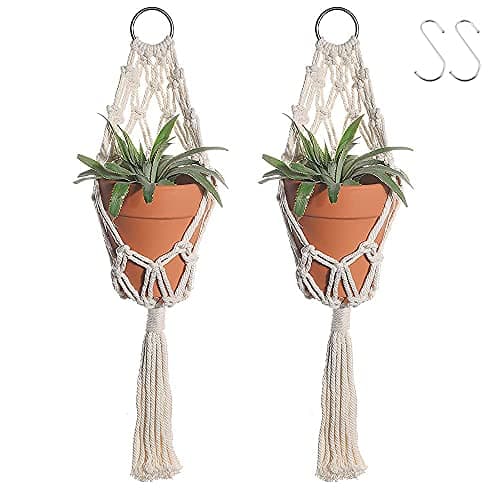 Boho Macrame Plant Hangers - Handmade Hemp Rope Hanging Baskets for Indoor Plants with Ceiling Hooks, Bohemian Home Decor Outdoor Wall Art image