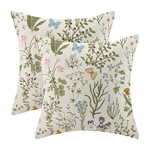 AEIOAE Spring Pillow Covers 18x18 Inch Set of 2, Sage Green Wild Flower Plant Throw Pillows Case, Seasonal Floral Outdoor Decorative Square Linen Farmhouse Decor Cushion Covers for Home Sofa Bed Couch image