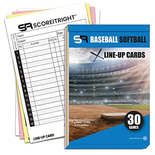 Score It Right Baseball/Softball Lineup Cards – 16 Player Book Format Lineup Cards for 30 Games – Flipbook Carbon Copy 4 Part Form – Time Saving and Practical Baseball Coaching Accessories image