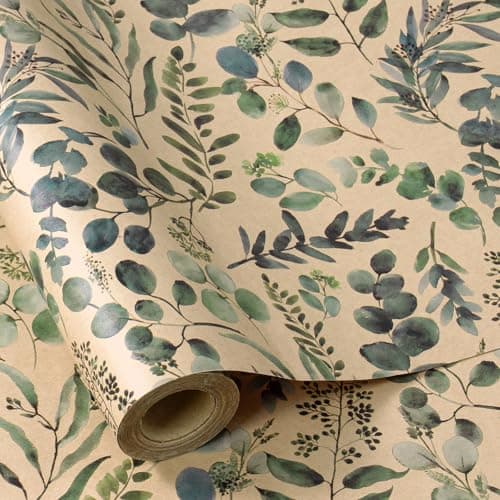 RUSPEPA Eucalyptus Leaf Gift Wrapping Paper, 17 Inches x 32.8 Feet, Mini Roll, Kraft Wrapping Paper Roll for Women, Spring, Summer, Wedding and Birthday image