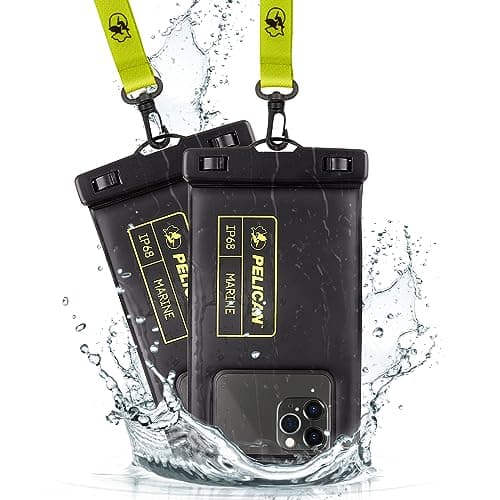 Pelican 2 Pack Marine - IP68 Waterproof Phone Pouch (Regular Size) Floating Waterproof Phone Case - Beach Cruise Ship Travel Essentials - Works w/ All Phones - Detachable Lanyard - Black/Hi-Vis Yellow image