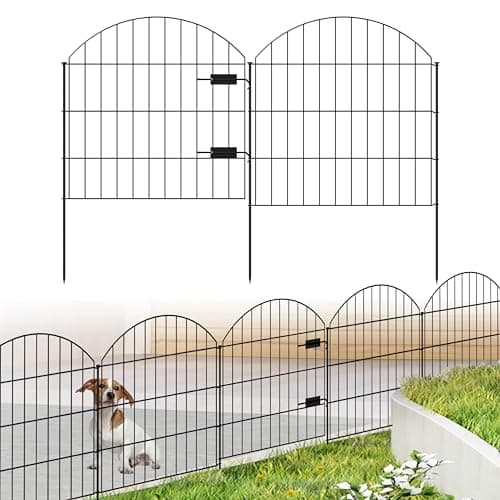 FOREHOGAR Metal Garden Fence with Gate 28in (H) x 11.7ft (L), 1 Gate + 4 Panels Rustproof Border Fence Animal Barrier for Dogs image