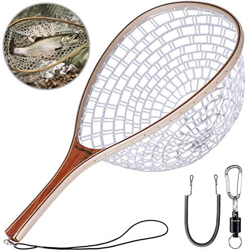 PLUSINNO Fly Fishing Net, Wooden Frame Fishing Landing Net with Magnetic Release, Soft Rubber Mesh Net for Trout Bass Catch and Release, Magnetic Fly Fishing Gear image