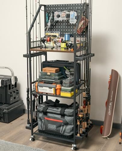 SOYEEZE Fishing Rod Holders for Garage, Fishing Pole holders, Fishing Gear Storage up to 12 Rods with Hooks and Wheels, Fishing Cart For Fishing Rod Tackle Box Reel Storage image