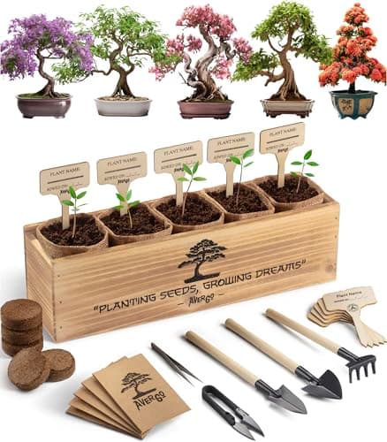 Avergo Bonsai Tree Kit – 5X Unique Japanese Bonzai Trees | Complete Indoor Bonsai Starter Kit for Growing Bonsai Plants with Tools & Planters – Gardening Gifts for Women & Men image