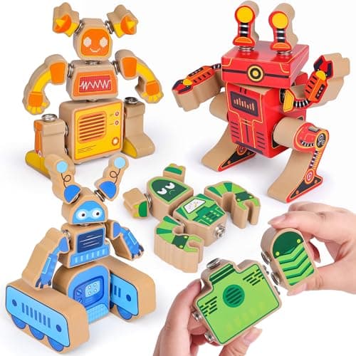 Coogam Fine Motor Building Robot Blocks for 3 4 5 Years Old Kids, Wooden Snap Together Robot Builders, STEM Take Apart Robot Playset, Educational Learning Toy Gift for Boys Girls image