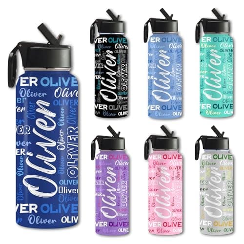 Custom 18oz/32oz Name Water Bottles for Kids,Personalized Text Stainless Steel Sports Water Bottles with Straw-Double Wall Insulated Customized Gifts for Boys Girls Women Men Friends School Sports image