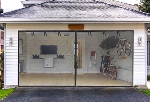Garage Screen Doors for 2 Car Garage-16x7FT Fiberglass 2300g/5.1lb Durable Heavy Duty Magnetic Garage Door Screen Hands Free with 6 Roll Up Starps for Patio, Outdoor, Gym, Crafts Sun House Porch image
