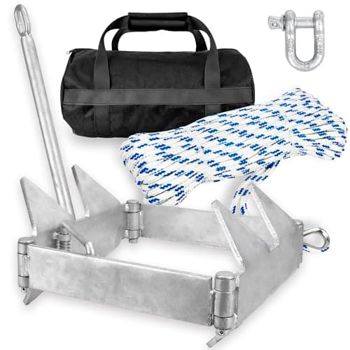 Boat Slide Box Anchor Kit, Hot Dipped Galvanized Foldable Sliding Anchor with Nylon Anchor Rope, Shackle, Storage Bag for 24ft to 40ft Offshore Sport Boats, Pontoon Boats (For boat up to 24ft - 13 lbs) image