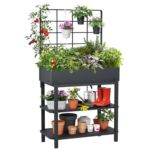 FOYUEE Elevated Planter Box with Trellis Raised Garden Bed with Legs Outdoor Standing Flower Beds for Patio Vegetable Herb image