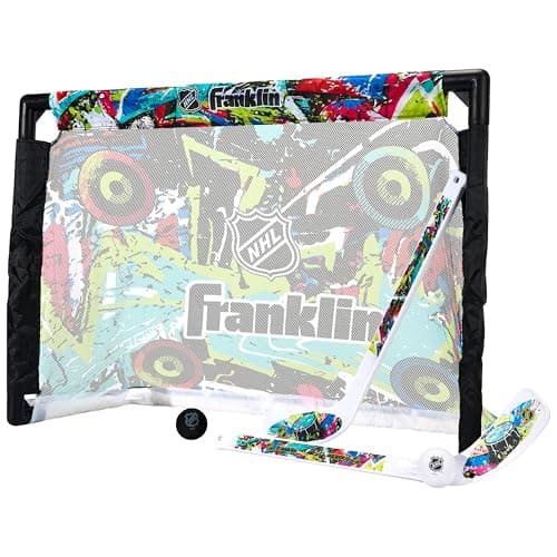 Franklin Sports NHL Kids Mini Hockey Set - Includes (1) Knee Hockey Goal, (2) Mini Sticks + (2) Foam Balls - Indoor Toy Youth Goal + Sticks Set - Graffiti image