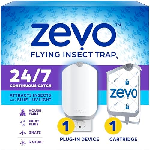 Zevo Flying Insect Trap & Cartridge - Plug in Fly Trap & Indoor Bug Catcher for Gnats, House & Fruit Flies - Mess-Free - Use in Any Room - Uses Blue & UV Light (1 Plug in Device & 1 Cartridge) image