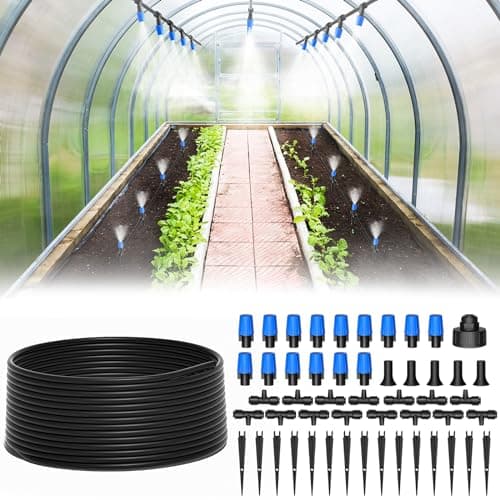 MIXC 65FT Greenhouse Watering System- Quick Efficient Connector Hanging Plant Watering System Automatic Mist Irrigation Kit with 1/4" Blank Tubing and Misting Nozzles image