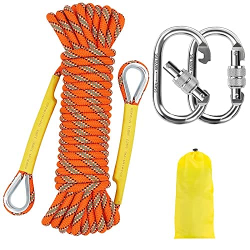 NTR Orange/Black/Blue Climbing Rope 10M(32ft) 20M(64ft) 30M(96ft) 50M(160ft), 8MM Static Rock Climbing Rope with 2 Steel Hooks, Rappelling Rope for Outdoor, Hiking Safety Escape Rope, Rescue Parachute image