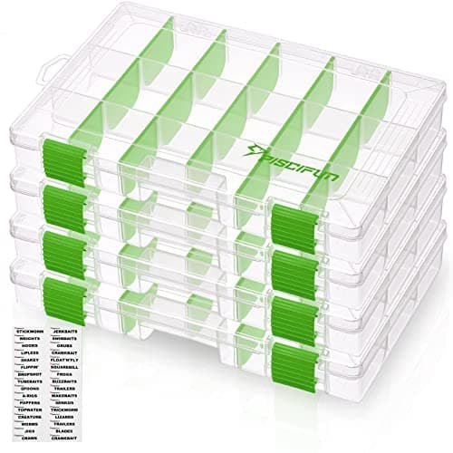 Piscifun Fishing Tackle Boxes, Tackle Trays with Waterproof Labels and Removable Dividers, 3600 BPA-Free Plastic Clear Fishing Storage Organizer Boxes for Lures, 4 Packs image