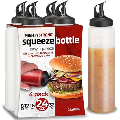 MIGHTY STRONG 4 Pack Condiment Squeeze Bottles 24 Oz –Easy Pour Sauce Bottles With Leak Proof Snap Cap image