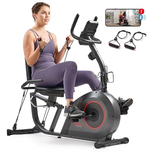 Sunny Health & Fitness Smart Recumbent Bike w/Workout Bands, 300LB Capacity Compact Equipment for Indoor Full-Body Exercise, Adjustable Cushion Seat for Seniors Home Cardio Training, Free SunnyFit App image