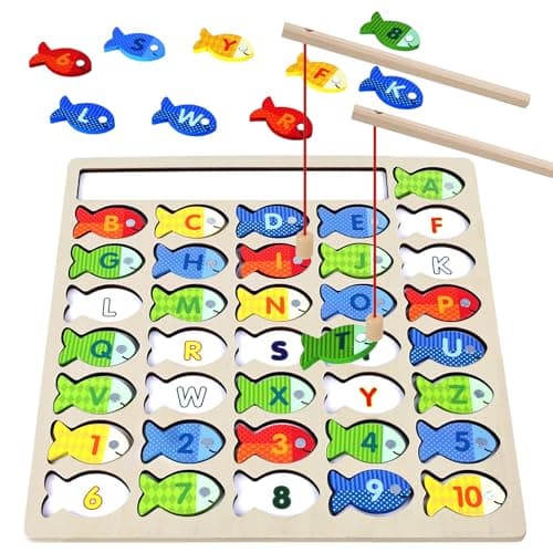 POPLAY Magnetic Fishing Game for Toddlers, Wooden Alphabet Learning Toys Board Games Montessori Fishing Game with Letters and Numbers Learning ABC for 3 4 5+ Year Old image