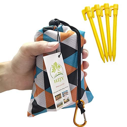 HZJOYUE Foldable Beach Blanket (71" x 55") -Compact, Lightweight SandProof Pocket Blanket Best Mat for The Beach, Hiking, Camping,Travel Festivals with Loops, Stakes, Carabiner image