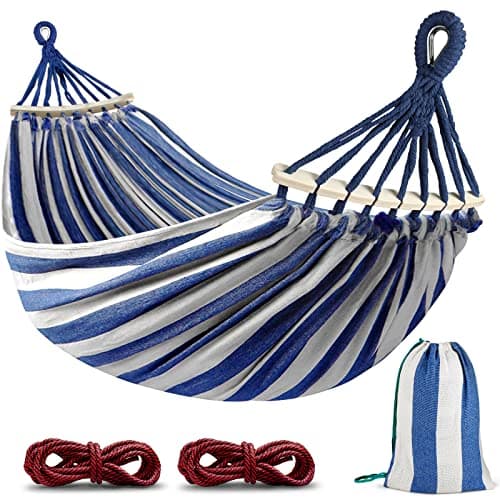 MOSFiATA Hammocks Portable Camping Hammock Upgraded 550lb Comfortable Fabric Hammock with Two Anti Roll Balance Beam and Sturdy Metal Knot Tree Straps for Camping, Patio, Backyard, Outdoor(Blue White) image