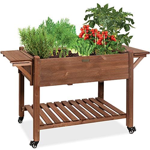 Best Choice Products 57x20x33in Mobile Raised Garden Bed Elevated Wood Planter Box Stand for Backyard, Patio w/Folding Side Tables, Locking Wheels - Brown image