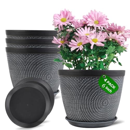 Quarut 4 Pack 6 Inch Flower Pots Planters for Outdoor Indoor, Plastic Plant Pots with Drainage Hole & Tray, Modern Decorative Garden Pot with Saucer, planters for House (Gray) image