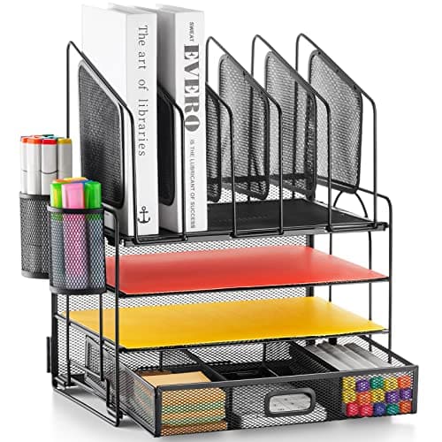 Marbrasse Desk Organizer with Drawer, 4-Tier Mesh Desk File Organizer with 5 Vertical File Holders and 2 Pen Holders, Multifunction Desktop Organizer image