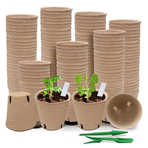 Baxrou 120 Pack 3.15 Inch Peat Pots Plant Starters for Seedling, Herb Seed Starter Pots Kits, Garden Germination Nursery Pot wit 30 Plant Labels, 2 Transplant Tools. image
