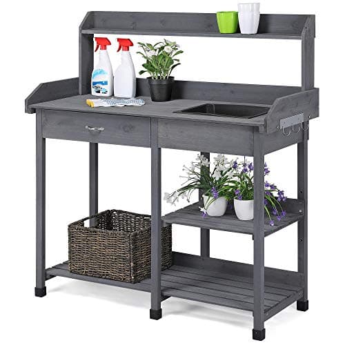Yaheetech Outdoor Potting Bench Table Potters Benches Garden Workstation for Horticulture with Drawer/Adjustable Shelf Rack/Removable Sink/Hooks/Pads, Gray image