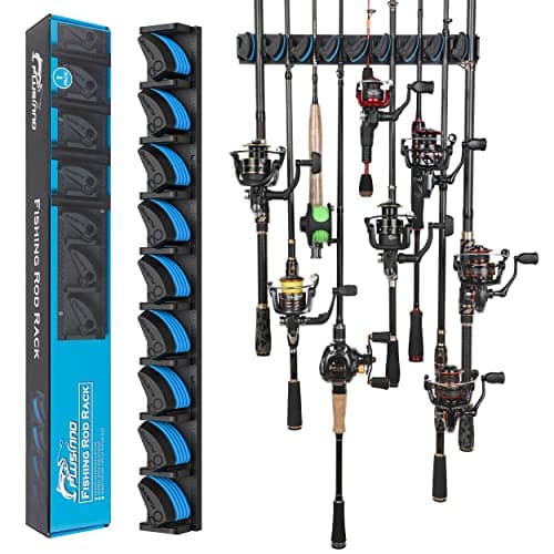 PLUSINNO Vertical Fishing Rod Holder, Wall Mounted Fishing Rod Rack, Fishing Pole Holder Holds Up to 9 Rods or Combos, Fishing Rod Holders for Garage, Fits Most Rods of Diameter 3-19mm image