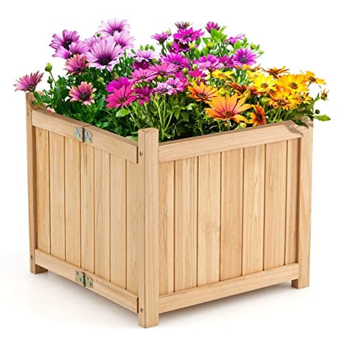 S AFSTAR Outdoor Wooden Planter Box, Folding Raised Garden Bed W/Drainage Hole, Patio Square Plant Container for Flowers, Vegetables, Fruits, Herbs, Collapsible Planting Box for Yard, 15" x 15" x 14" image