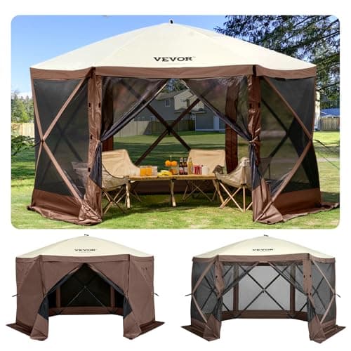 VEVOR 12 * 12ft 6 Sided Pop-up Canopy Shelter Tent with Mesh Windows, Portable Carry Bag, Stakes, Large Shade Tents for Outdoor Camping, Lawn and Backyard, Brown/Beige image
