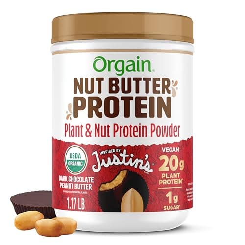 Orgain X Justin's ® Organic Vegan Nut Butter Protein Powder, Chocolate Peanut Butter- 20g Plant Protein, 1g Sugar, Gluten Free, No Dairy, Soy Ingredients, or Artificial Flavors, 1.17 lb image