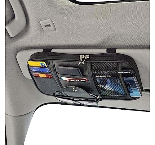 Da by Car Sun Visor Organizer, Multi-Pocket Visor Organizer Storage Pouch for Cars, SUVs & Trucks with Double Zippers, Elastic Bands & Glasses Clip - Organizes Essentials Keep Tidy (Black) image