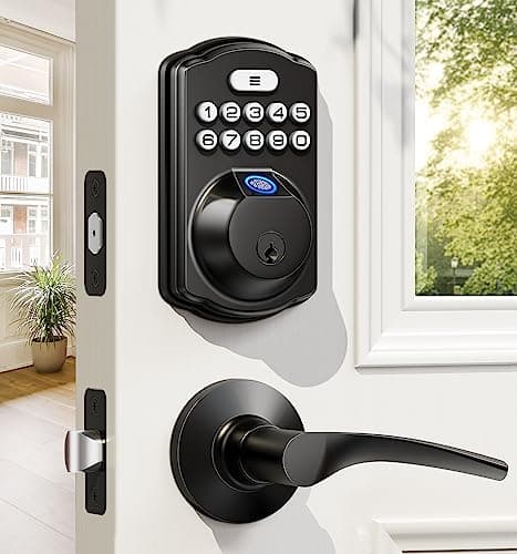 Veise Fingerprint Door Lock with 2 Lever Handles - Keyless Entry Door Lock, Electronic Keypad Deadbolt, Digital Smart Code & Front Handle Sets, Auto-Locking, Easy Installation, Matte Black image