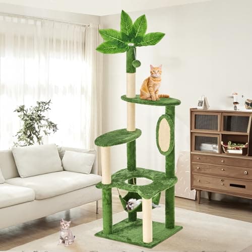 TSCOMON 61" Large Cat Tree Tower for Indoor Cats with DIY Green Leaves Scratching Post Multi Soft Hang Ball Plush Cat House Furniture 360° Rotating Cat Scratch Board with Hammock, New Green image