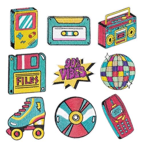 9Pcs Retro 80s 90s Iron on Patches Vintage Hip Hop Neon Disco Roller Skate Sew on Repair Embroidered Applique Back to the 80's 90's Vibes Nostalgic Rock Hippie DIY Craft Gift for Clothing Backpack Hat image