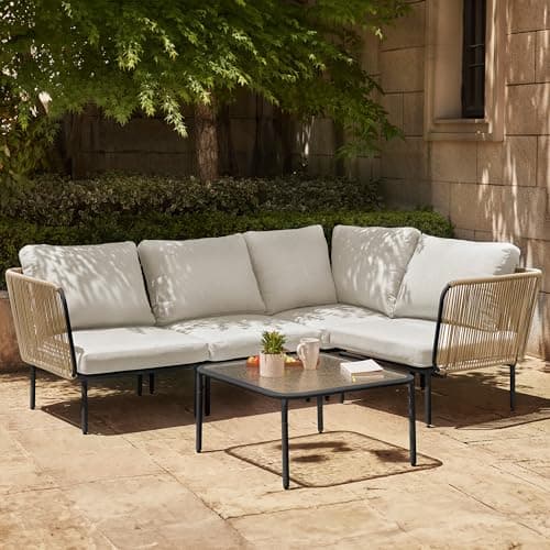 EAST OAK 5-Piece Montauk Modular Patio Furniture Set, Outdoor Corner Sofa with Cushion and Glass Coffee Table, Modern Patio Conversation Set for Garden, Backyard and Porch, Beige & Grey image