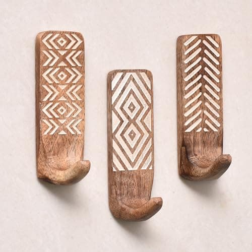 Indian Shelf Boho Decorative Wood Adhesive Wall Hooks for Coats – 3 Hooks 6 Strips, Waterproof, Rustproof Towel Holder, No-Drill Hangers for Bathroom & Kitchen – Cute Key Holder for Wall image