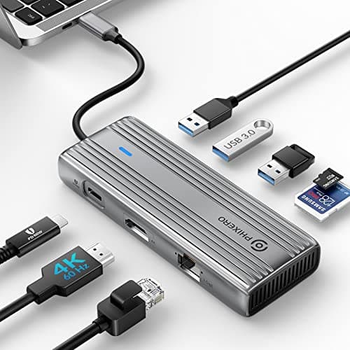 PHIXERO 8-in-1 Type C Adapter with 1Gbps Ethernet, 4K@60Hz USB C Docking Station, USBC Hub Multiport Dock, 100W PD, SD/TF Reader, 3 USB 3.0 5Gbps Ports, for MacBook Pro/Air, USB-C Laptop (Gray) image