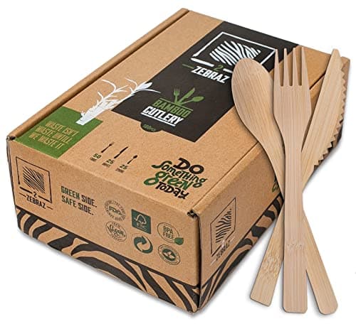 2ZEBRAZ 100% Bamboo Cutlery Set of 100 pc - 50 Forks, 25 Knives, 25 Spoons, Smooth Reusable Bamboo Silverware, Compostable and Durable Disposable Utensils, Eco-Friendly Flatware in Premium Box image