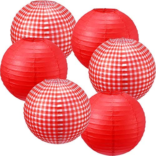 Blulu Picnic Decorations - Checkered Round Paper Lanterns for BBQ Pizza Party - Red and White Plaid, Pure Red (6 Pieces) image
