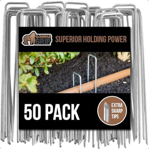 GORILLA GRIP 50 Pack Strong Galvanized Steel Landscape Staples, Rust-Resistant Sharp Tips, Plant and Garden Stakes, Adjustable Ground Yard Anchors, Outdoor Metal Landscaping Pins for Lawn, 6 Inch image
