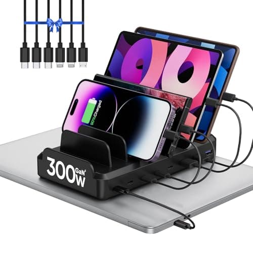 300W USB C Charging Station for Multiple Devices, 8 Port Multi Device Fast Charging Station for MacBook iPhone 15 Phone iPad Tablets Black (6 Mixed Short Cables Included) image