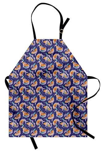 Lunarable Japanese Apron, Wisteria Flowers Kimono Pattern on a Geometric Background Traditional, Unisex Kitchen Bib Apron with Adjustable Neck for Cooking Baking Gardening, Multicolor image
