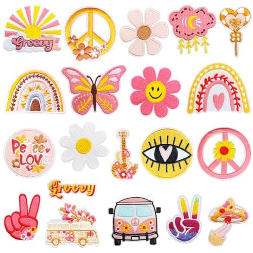 Yaveron 20Pcs Groovy Retro Hippie Iron on Patches Vintage Boho Peace Sign Patch for Clothing Backpacks Jeans Jackets Hats Sew on Embroidered Applique image